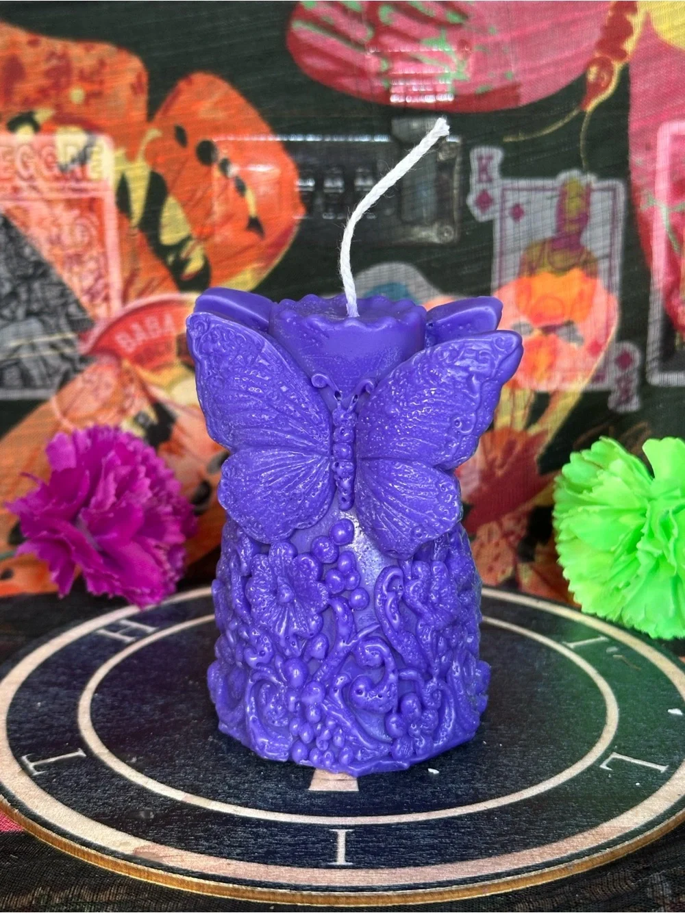 Handmade Purple Butterfly & Floral Pillar Candle